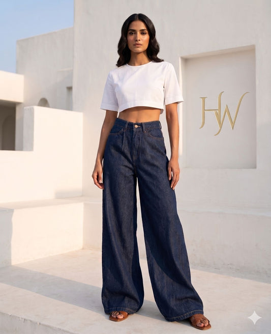 PLEATED HIGH RISE WIDE LEG JEAN