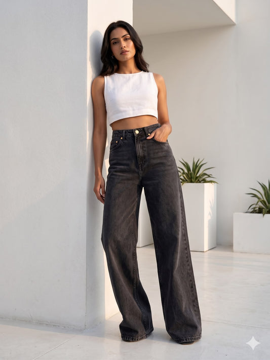 HIGH RISE WIDE LEG JEAN DARK GREY