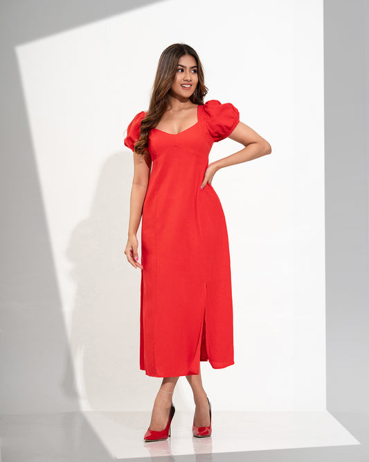 RED PUFF SLEEVE MAXI DRESS