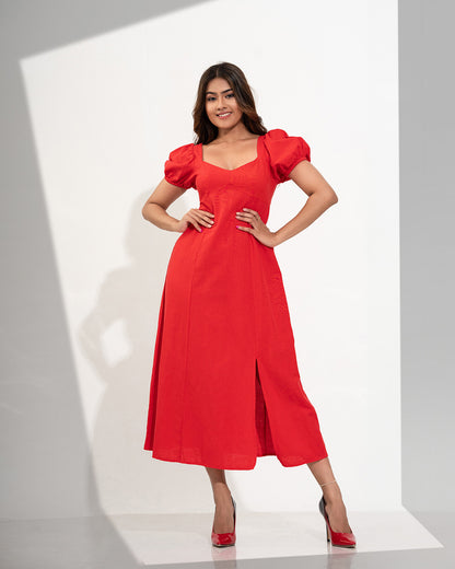 RED PUFF SLEEVE MAXI DRESS