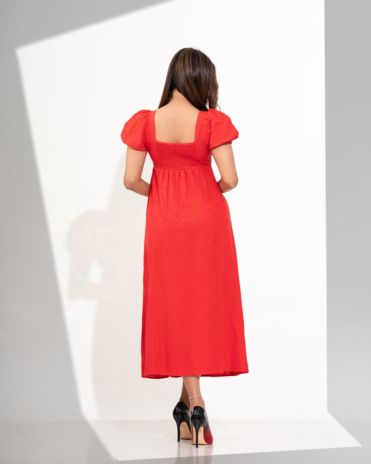 RED PUFF SLEEVE MAXI DRESS