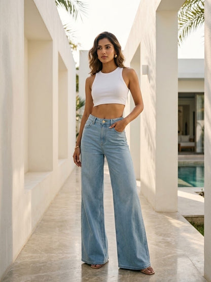 Imported Women's High-Rise Wide Leg Jeans – Light Blue Stretch Denim