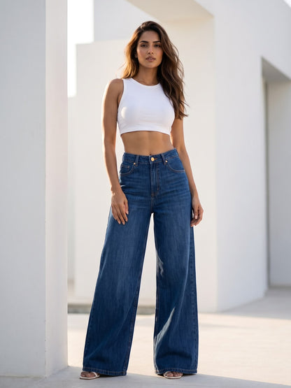 DARK BLUE HIGH WAIST WIDE LEG JEAN