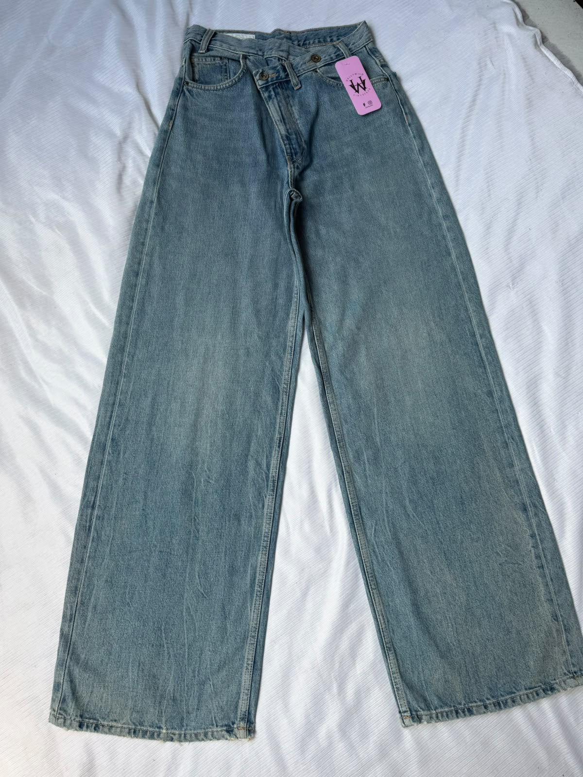 Vintage Blue Asymmetric Cross-Waist Wide Leg Jean