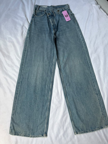 Vintage Blue Asymmetric Cross-Waist Wide Leg Jean