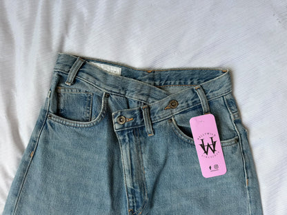 Vintage Blue Asymmetric Cross-Waist Wide Leg Jean