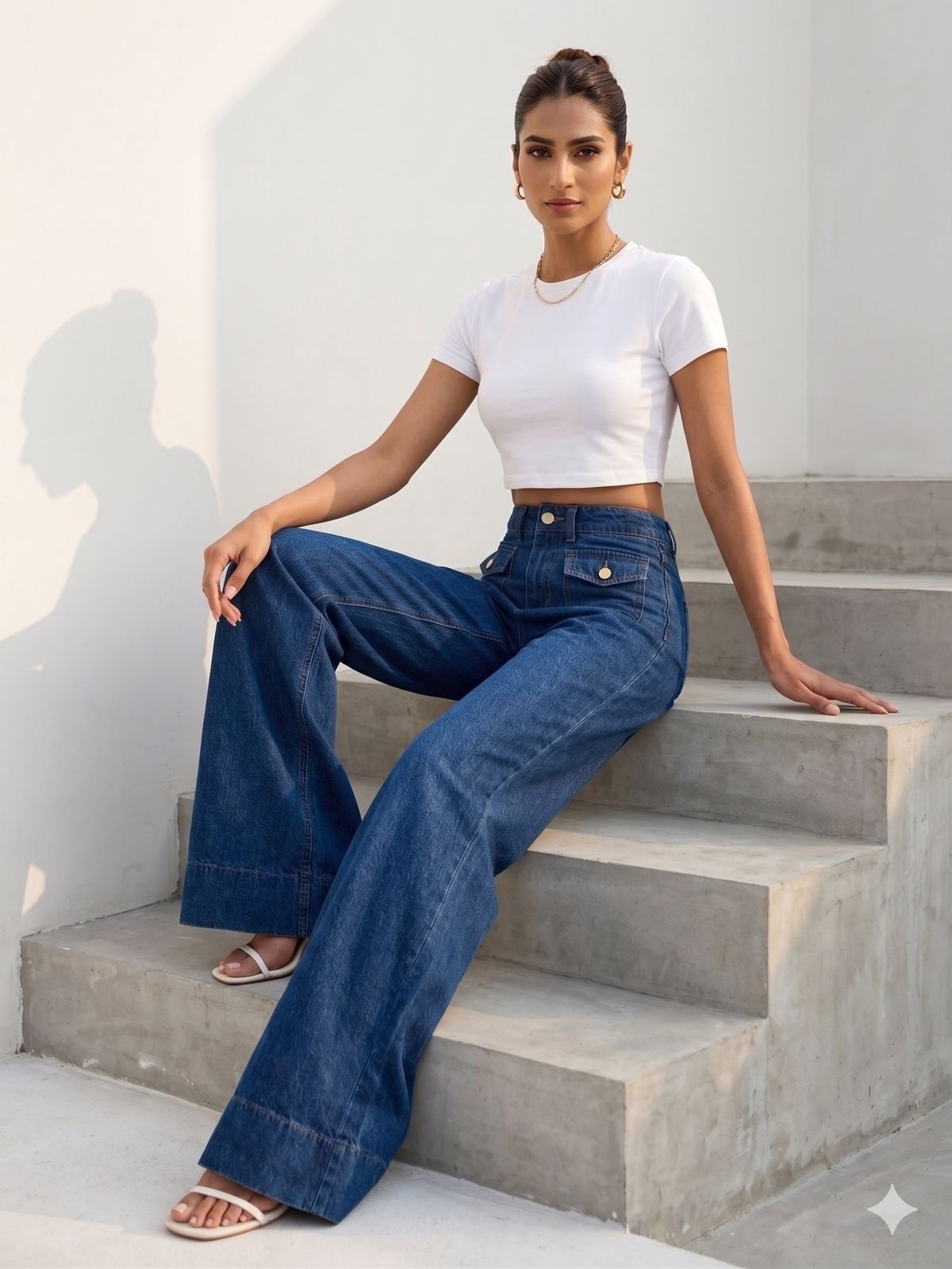 HIGH RISE FRONT POCKET DETAIL WIDE LEG JEAN