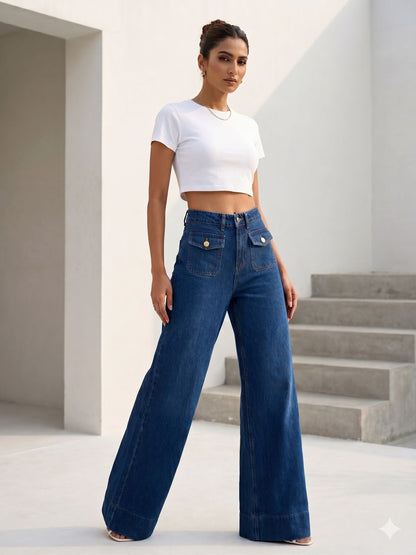 HIGH RISE FRONT POCKET DETAIL WIDE LEG JEAN