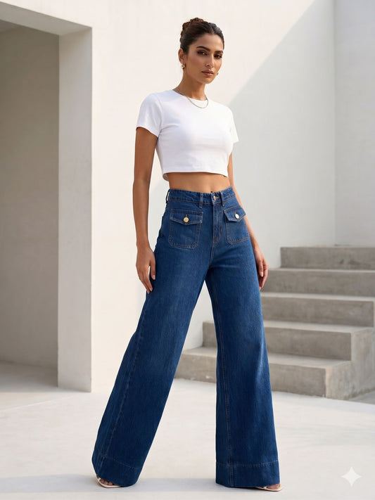 HIGH RISE FRONT POCKET DETAIL WIDE LEG JEAN