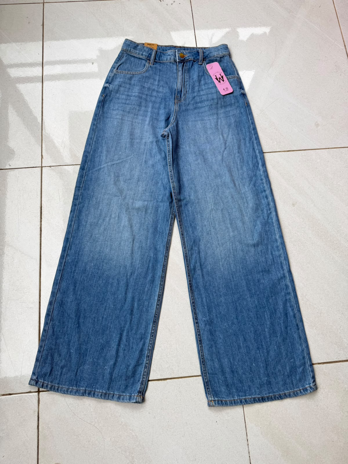 MID BLUE HIGH RISE WIDE LEG JEAN