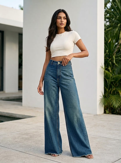 Imported High-Rise Raw Hem Wide-Leg Jeans